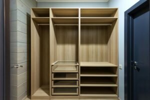Contemporary wooden wardrobe with shelves and drawers, ideal for minimalist interior design.